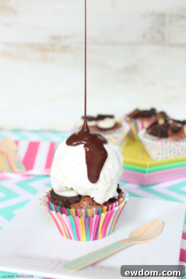 Decadent Brownie Sundae Cupcakes 6 A stunning spread of finished Brownie Cupcake Sundaes, ready for enjoyment.