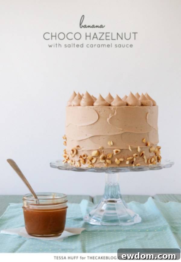 Close-up of Banana Chocolate Hazelnut Cake with Ganache and Buttercream by Tessa Huff