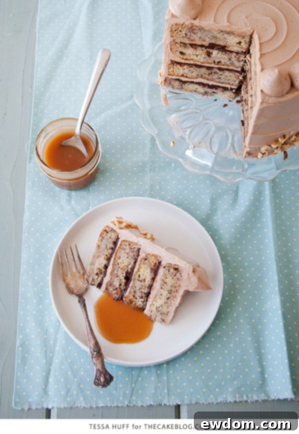 Beautifully frosted Banana Chocolate Hazelnut Cake by Tessa Huff