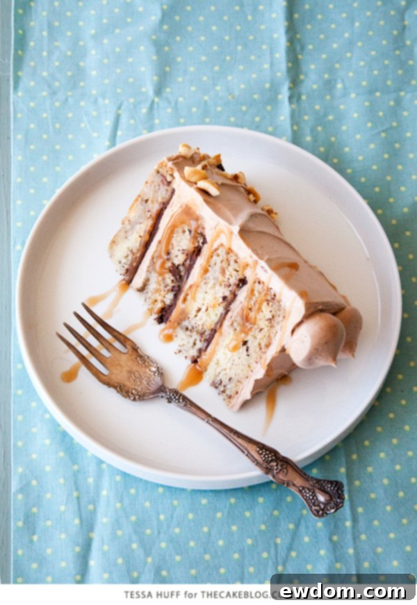 Slice of Banana Chocolate Hazelnut Cake with caramel drizzle