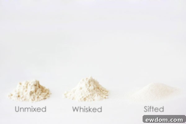 Visual comparison of unmixed, whisked, and sifted flour, illustrating the difference in texture and aeration for baking science experiments.