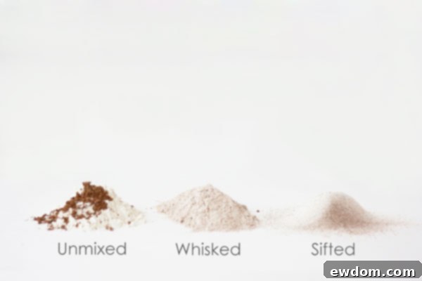 Demonstration of cocoa powder distribution in flour: unmixed, whisked, and sifted, highlighting efficiency for even ingredient spread in baking.