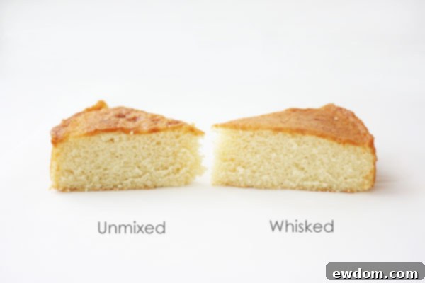 Comparison of baked cakes showing the impact of unmixed vs. whisked dry ingredients on cake crust texture and internal structure.
