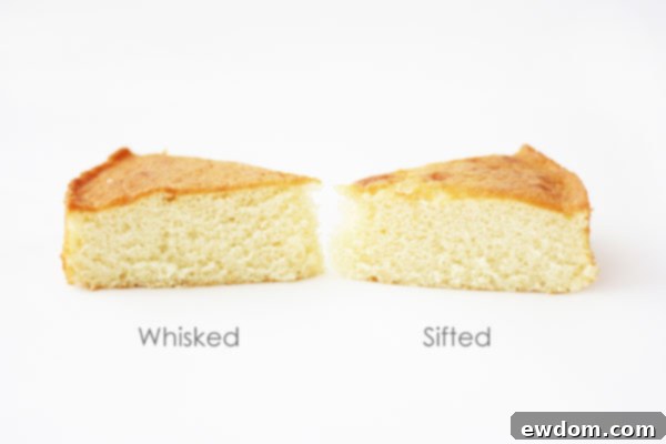 Examination of a sifted cake's texture, revealing a finer crumb but surprisingly drier result compared to unmixed or whisked cakes.