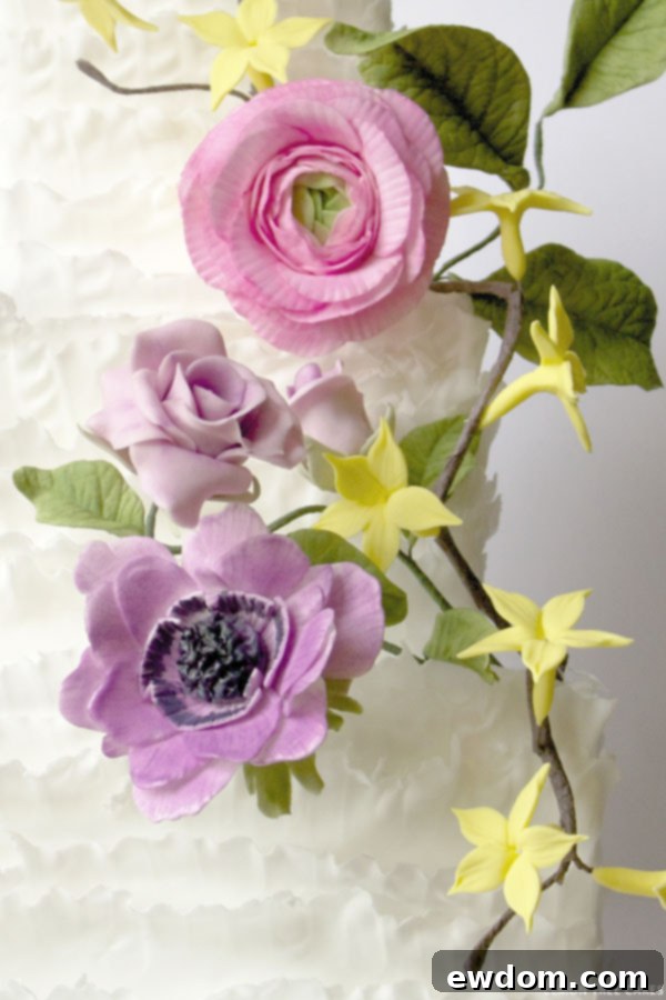 Pink and Purple Wedding Cake with Fondant Frills and Floral Decorations by Lemon Tree Cakes