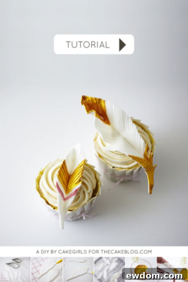 Arrangement of completed DIY gold feather cupcakes ready for serving