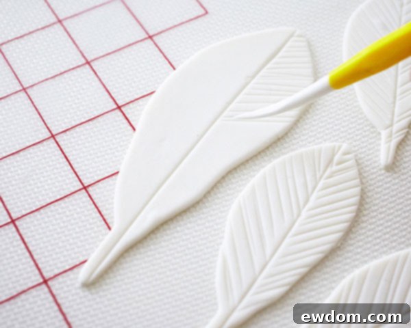 Using a veining tool to add texture and detail to a fondant feather
