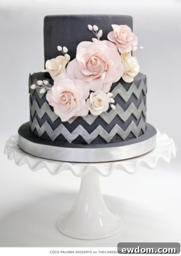 Coco Paloma Desserts Black Cake with Silver Chevron and Blush Sugar Flowers