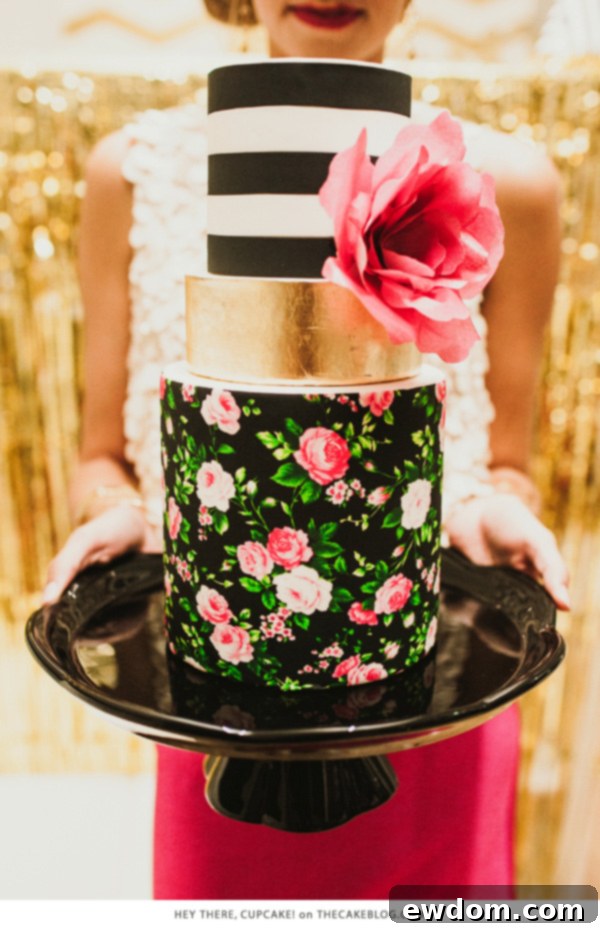 Hey There, Cupcake! Black Cake with Pink, Gold, and Floral Print