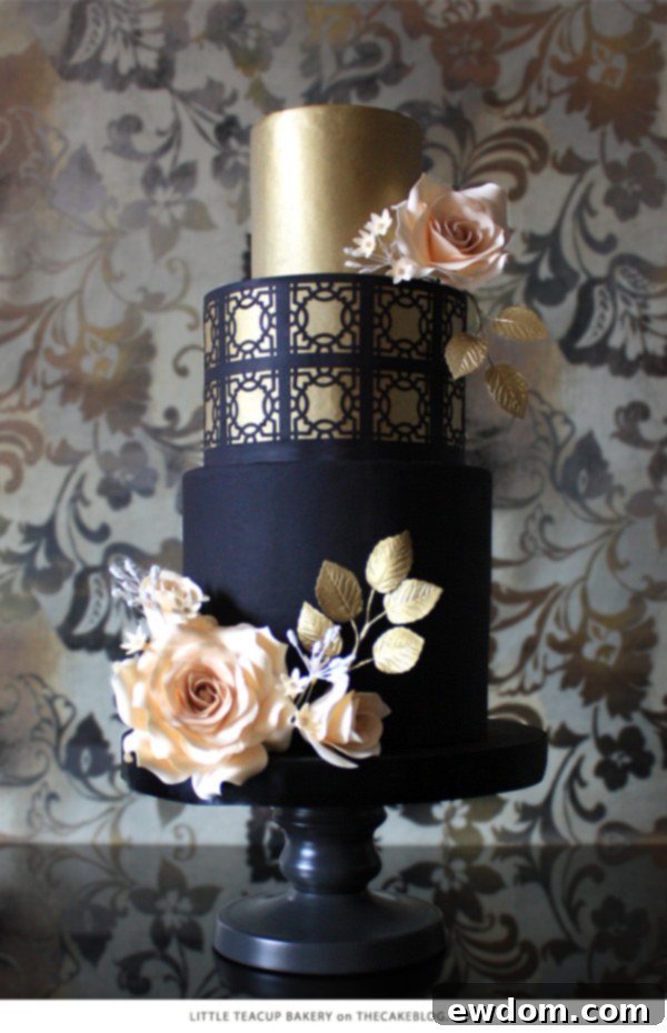 Little Tea Cup Bakery Gold Stenciled Black Cake with Peach Roses