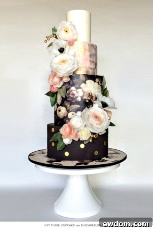 Hey There, Cupcake! Tall Black Cake with Floral Prints and Wafer Paper Flowers