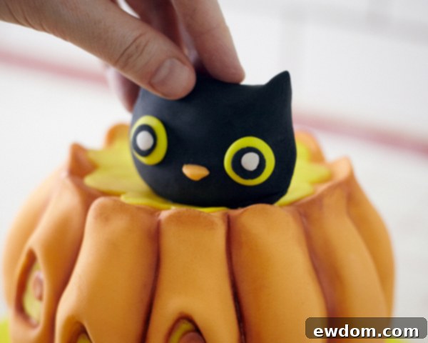 Attaching Fondant Cat Head to Pumpkin Cake with Edible Glue