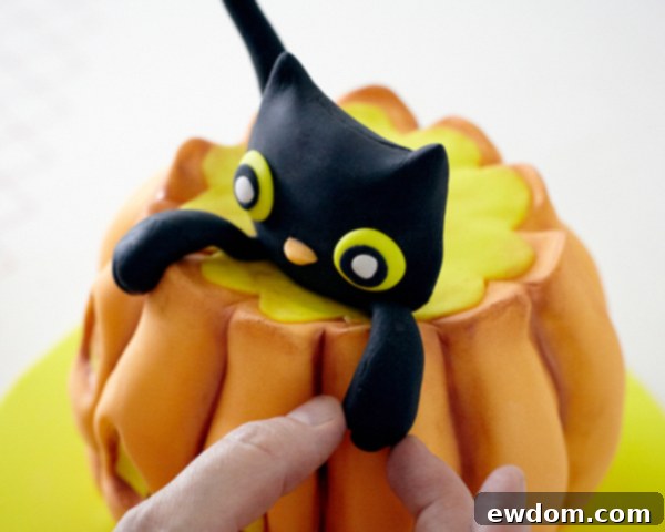 Final Placement of Fondant Cat Features on Halloween Pumpkin Cake