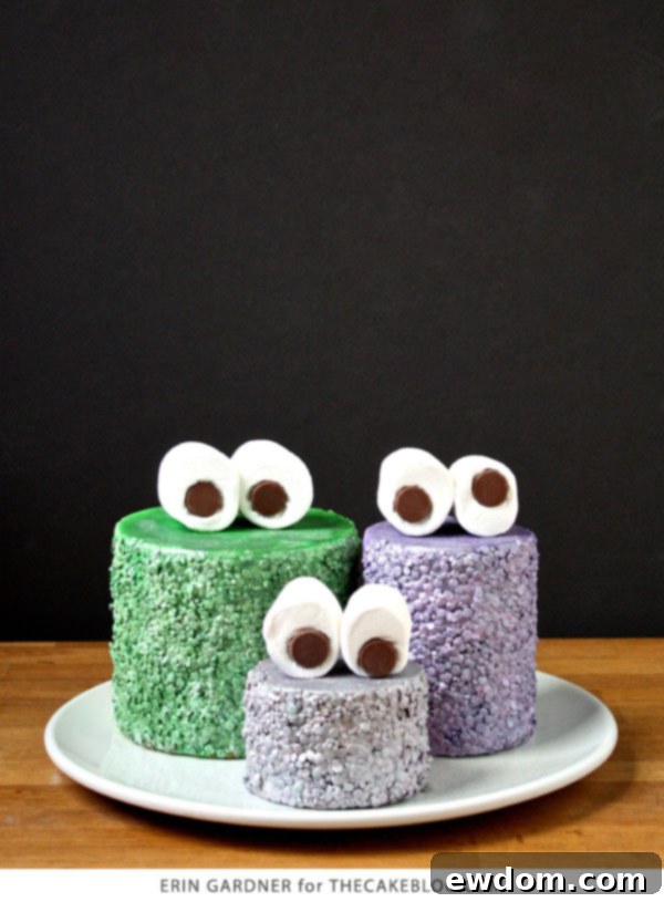 Completed DIY Glammy Monster Cake with Spooky Eyes for Halloween