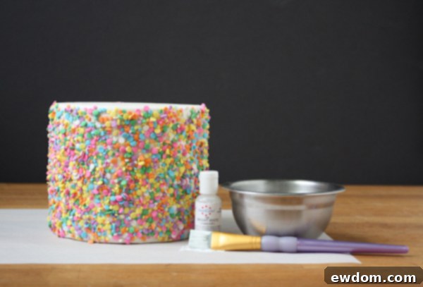 Applying Confetti Quins to Fondant Cake with Piping Gel - Step 1 Glammy Monster Cakes