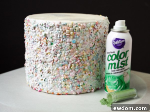 First Coat of Spray Food Coloring on Confetti Cake - Glammy Monster Tutorial