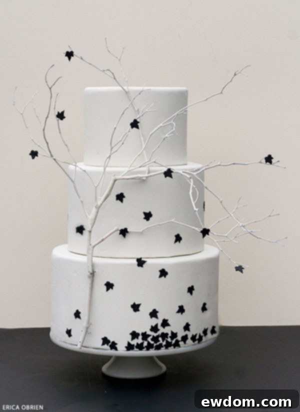 Detailed View of Layered Black Leaves at the Base of a Halloween Cake