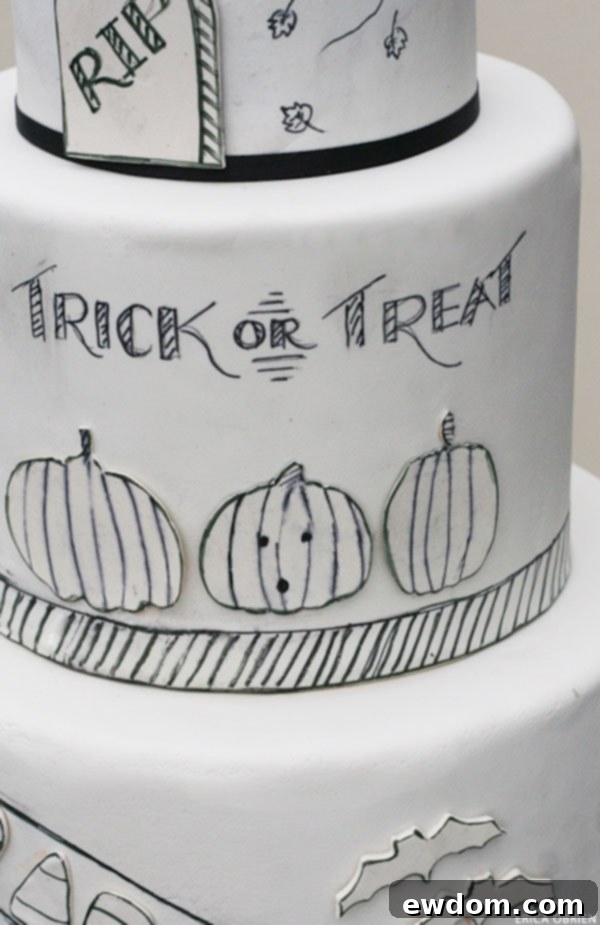 Edible Marker Illustration on a White Fondant Halloween Cake