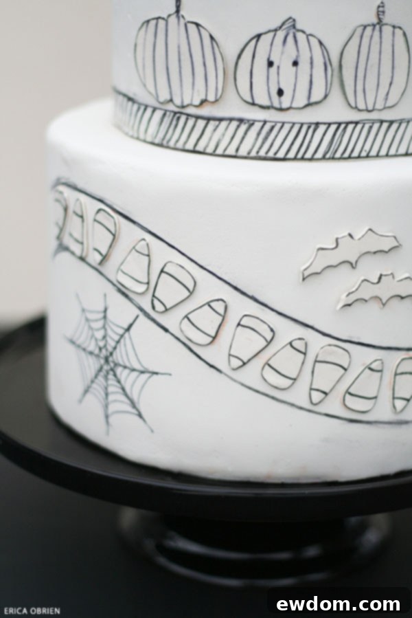 Close-up of Hand-Drawn Halloween Motifs on a Cake