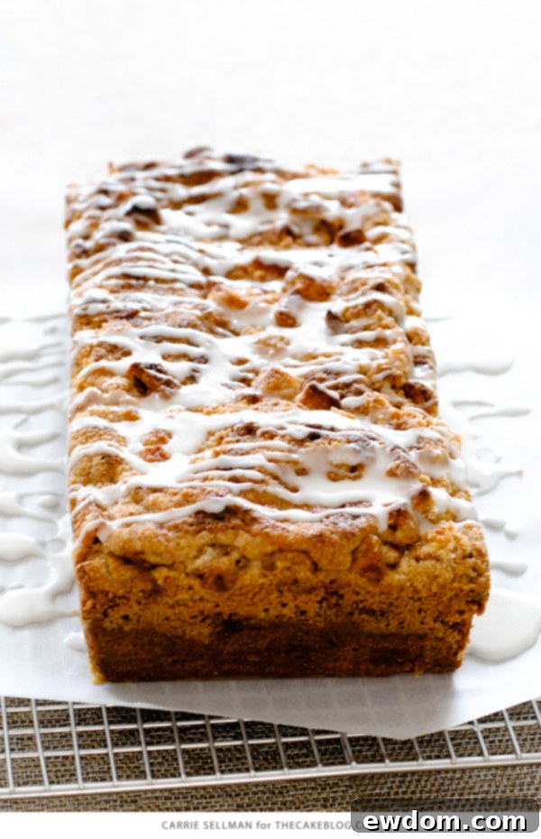 Beautifully baked Apple Crumb Cake loaf with a generous crumble topping, highlighting the texture and appeal | Carrie Sellman for TheCakeBlog.com