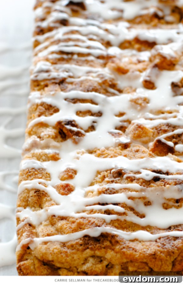 Close-up of a slice of Apple Crumb Cake, showcasing the moist interior, apple chunks, and the thick, crunchy crumb topping | Carrie Sellman for TheCakeBlog.com