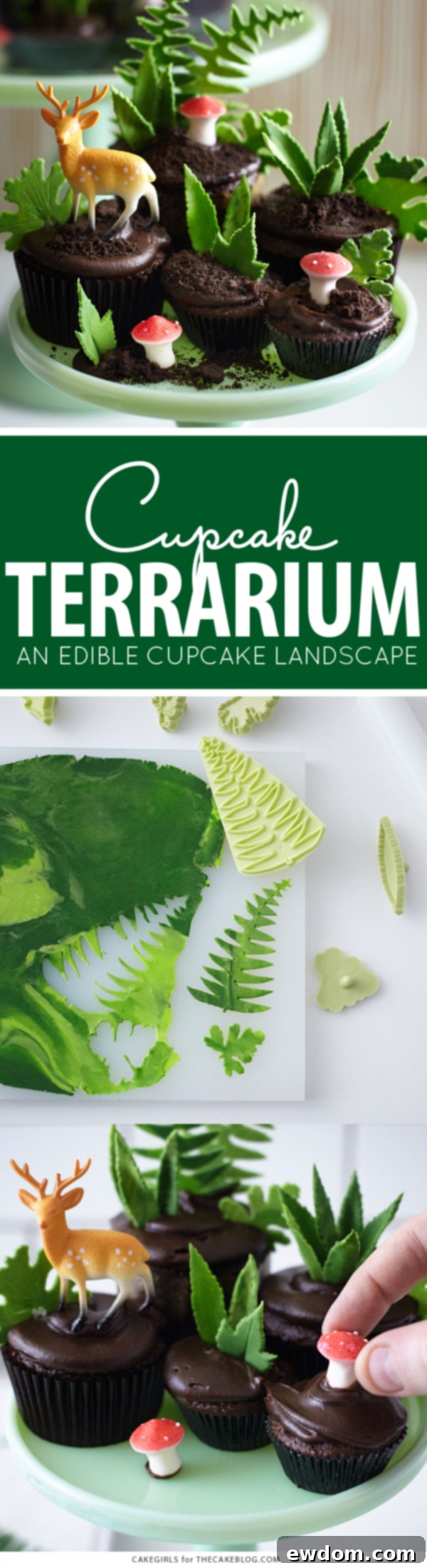 Sweet Little Worlds: DIY Cupcake Terrariums 2 Cupcake Terrarium - A stunning nature-inspired dessert display featuring cupcakes, edible greenery, mushrooms, and miniature deer. Perfect for special occasions.