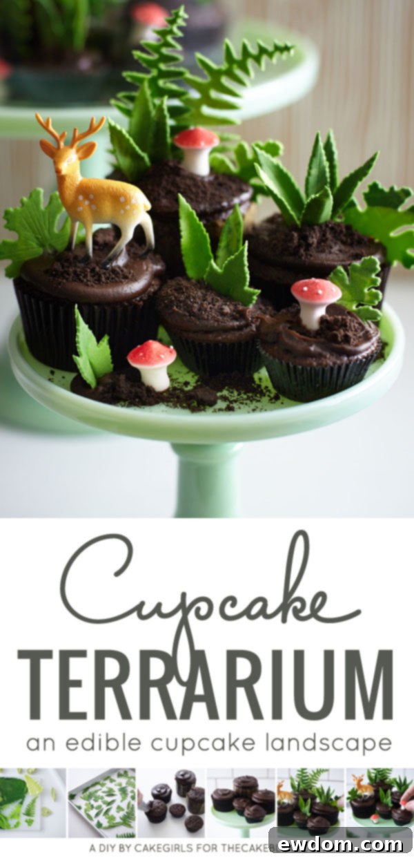 Sweet Little Worlds: DIY Cupcake Terrariums 3 A close-up of the Cupcake Terrarium showcasing the intricate edible leaves and dark chocolate cupcakes.