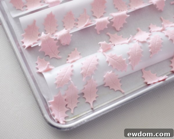 Drying fondant leaves overnight for your Christmas Cupcake Wreath | Make-ahead dessert