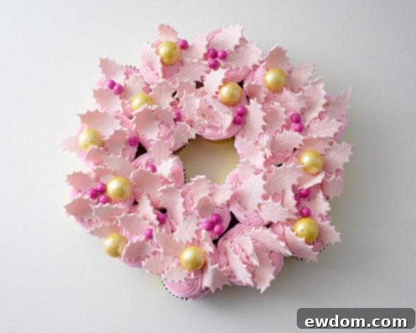 Finishing touches: Hot pink Sixlets on the Christmas Cupcake Wreath | DIY holiday treat