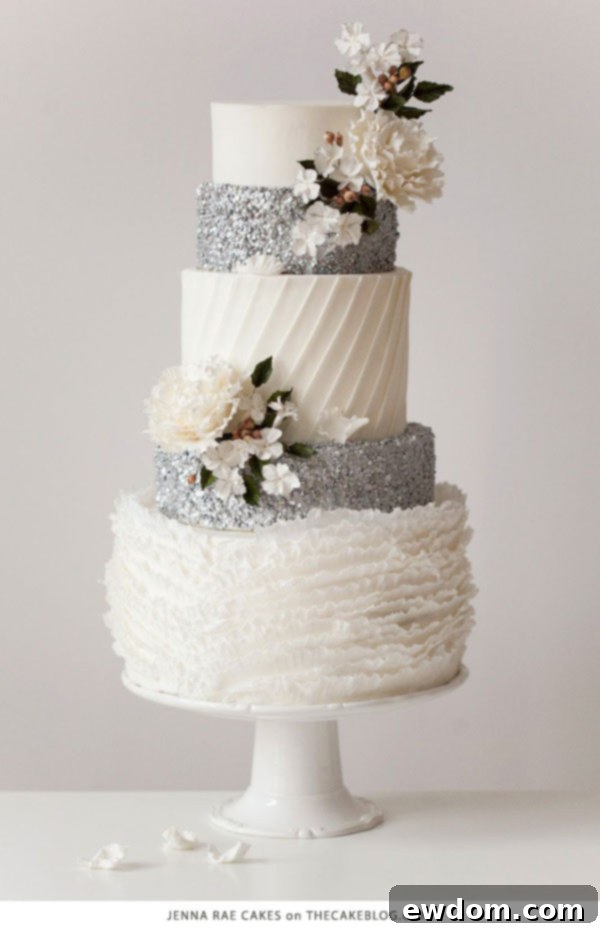 Jenna Rae Cakes Bakery Tour 8 An elegant silver sequin cake, demonstrating intricate detailing and a luxurious finish by Jenna Rae Cakes.