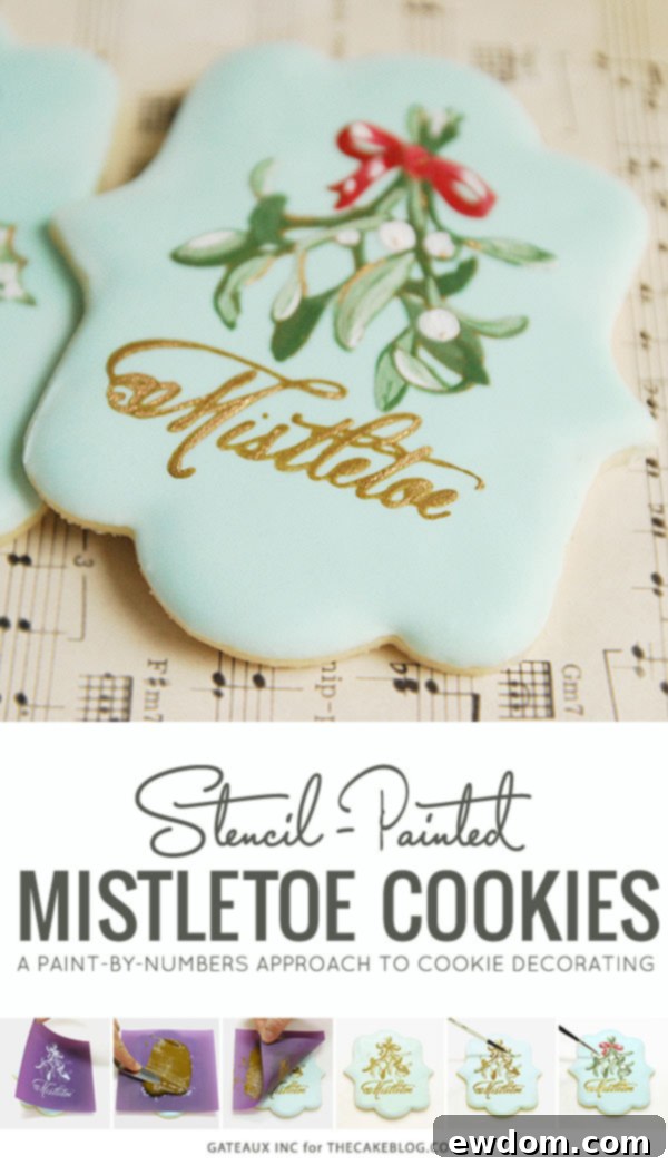Beautifully stencil-painted mistletoe cookie, ready for the holidays