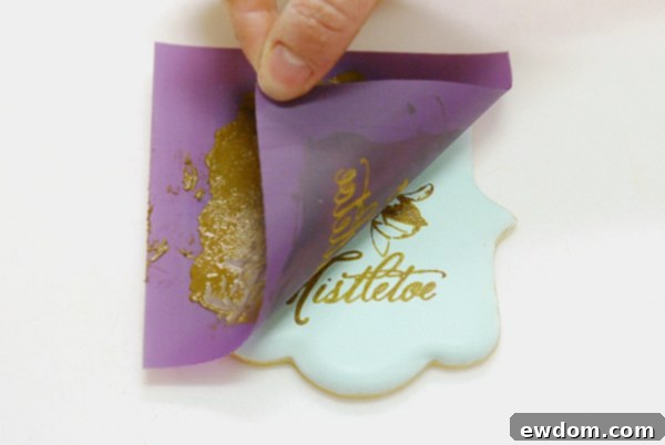 Immediately removing the mesh stencil to reveal the mistletoe outline