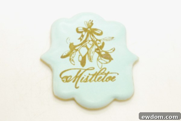 Close-up of the stenciled mistletoe outline on a cookie