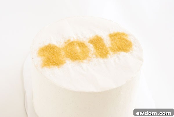 Sparkling Midnight Countdown Cake 17 Applying fine gold sanding sugar over the corn syrup-coated stencil