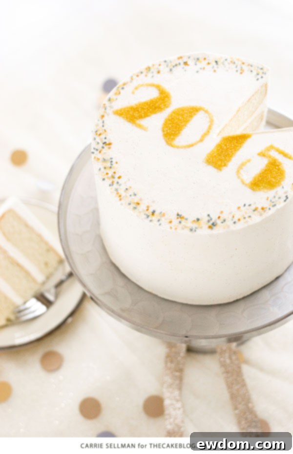 Sparkling Midnight Countdown Cake 3 Close-up of the elegant '2019' stencil design on a white cake