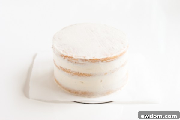 Sparkling Midnight Countdown Cake 7 Applying the initial crumb coat to a round cake