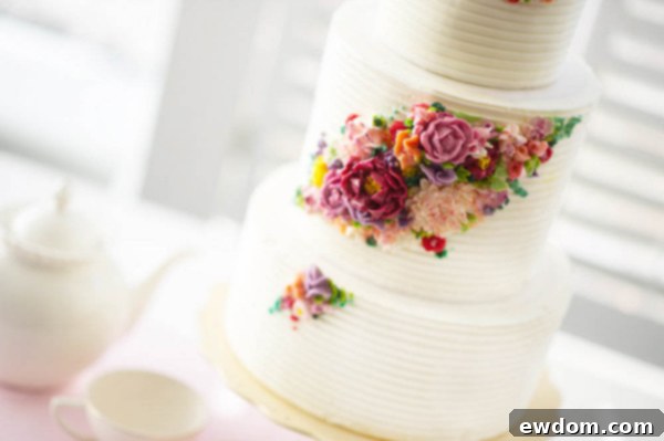 Detailed shot of buttercream flower clusters on a modern wedding cake, embodying 2015 trends by Erica OBrien Cake Design