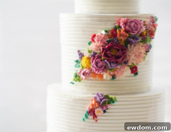 Elegant multi-tiered wedding cake with modern buttercream flowers by Erica OBrien Cake Design, a highlight of 2015 trends