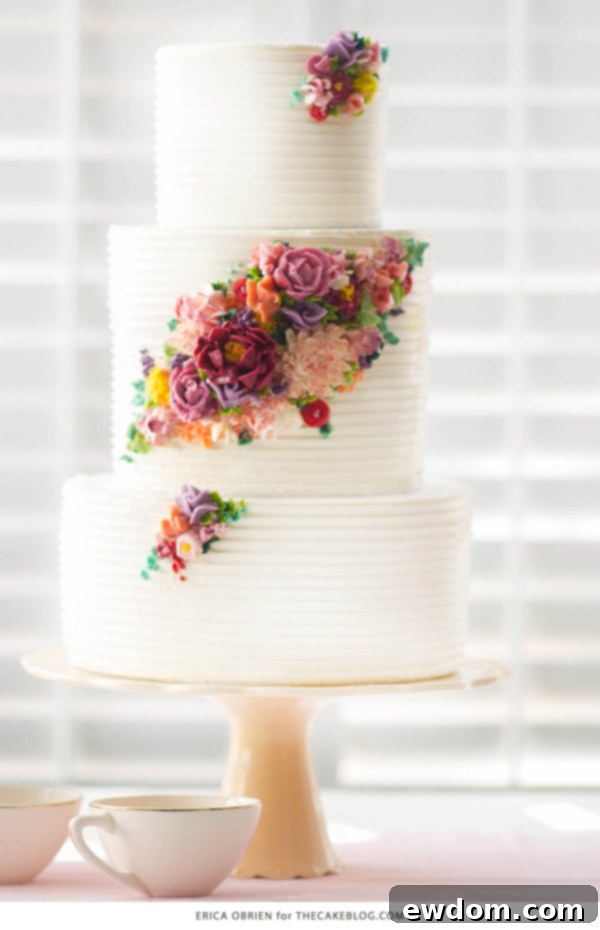 Close-up of modern buttercream flower cake by Erica OBrien Cake Design, highlighting rich textures and vibrant colors for 2015 wedding trends