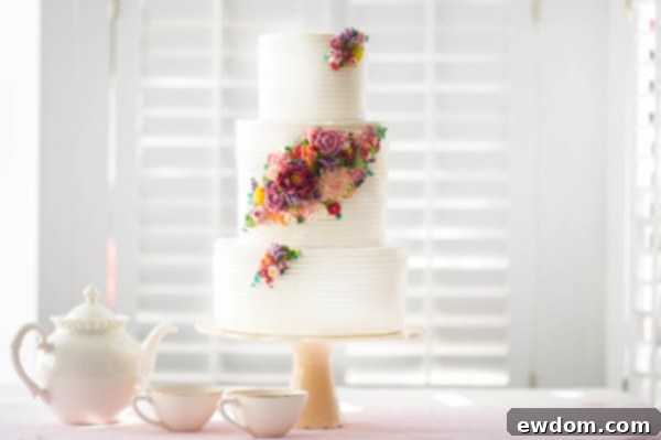 Detailed shot of buttercream flower clusters on a modern wedding cake, embodying 2015 trends by Erica OBrien Cake Design