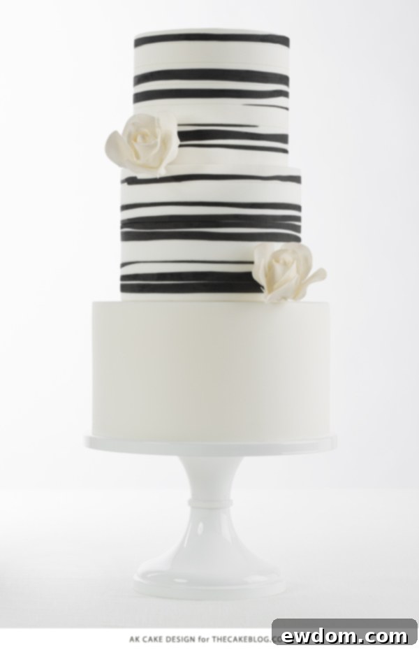 Detail shot of the 2015 wedding cake trend featuring organic black and white stripes by AK Cake Design, highlighting fluidity.
