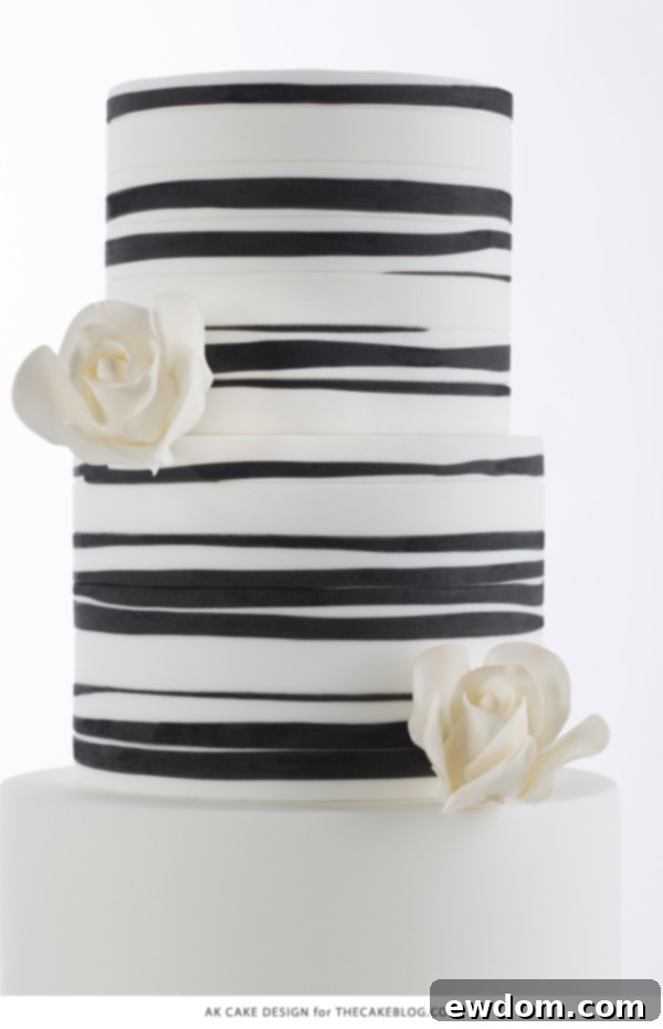 Side view of the 2015 organic striped wedding cake by AK Cake Design, showcasing modern elegance.