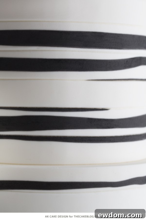 Top tier detail of the 2015 wedding cake by Allison Kelleher, featuring unique organic black and white patterns.