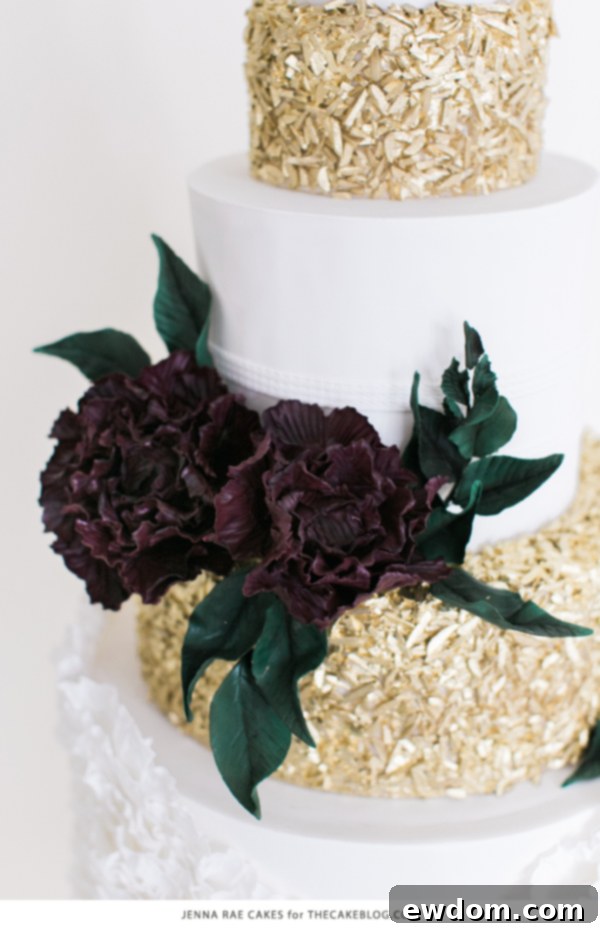 2015 Wedding Cake Trends | including this gold & marsala sequin cake by Jenna Rae Cakes | on TheCakeBlog.com