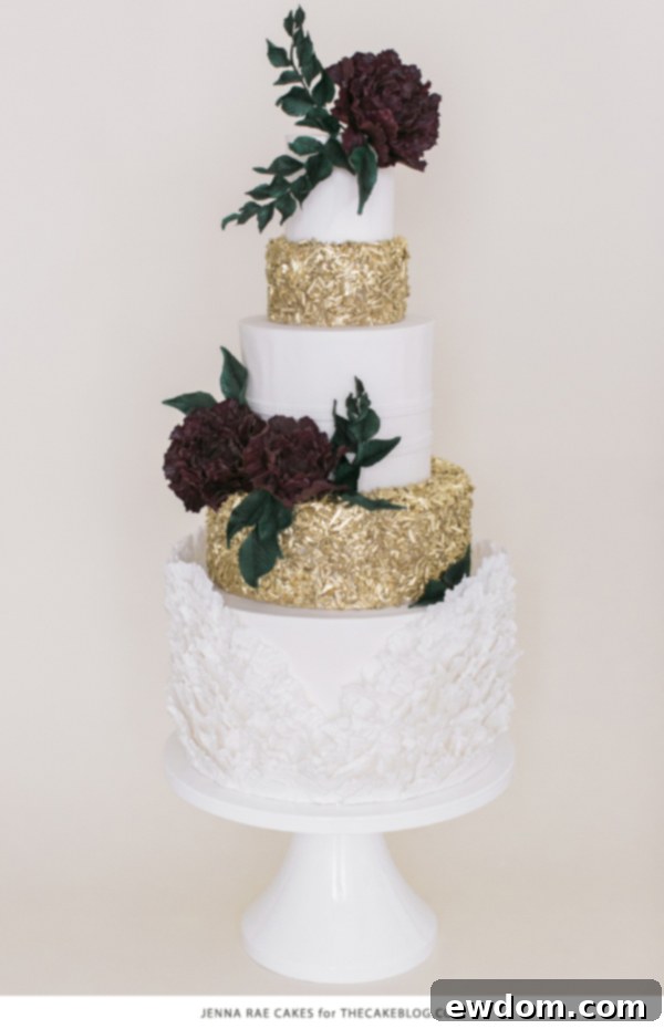 2015 Wedding Cake Trends | including this gold & marsala sequin cake by Jenna Rae Cakes | on TheCakeBlog.com