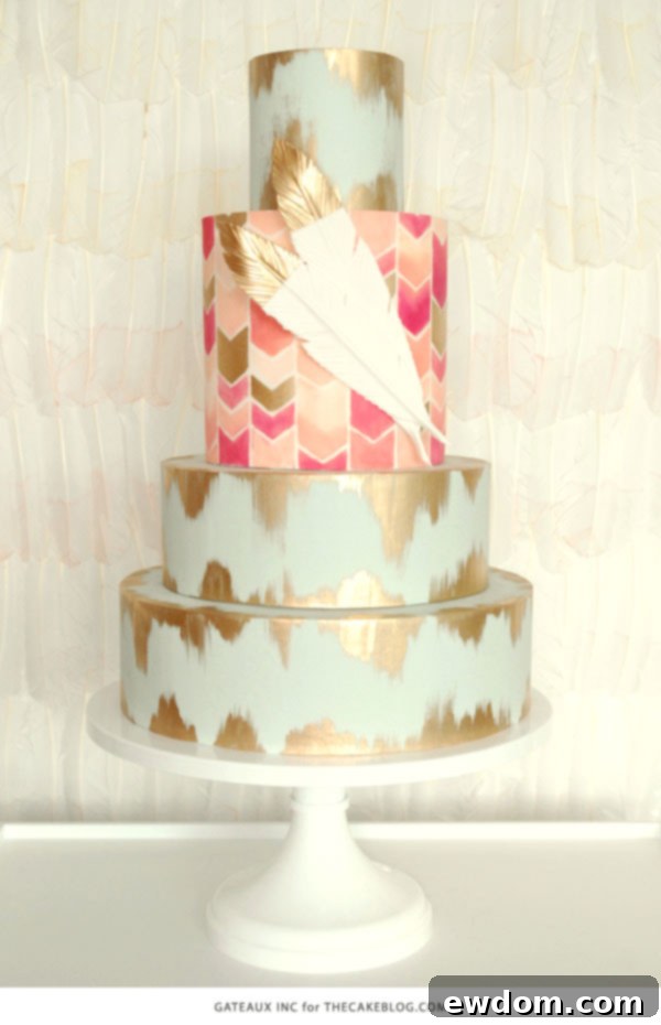 2015 Wedding Cake Trends | including this hand-painted chevron & gold cake by Gateaux Inc. | on TheCakeBlog.com