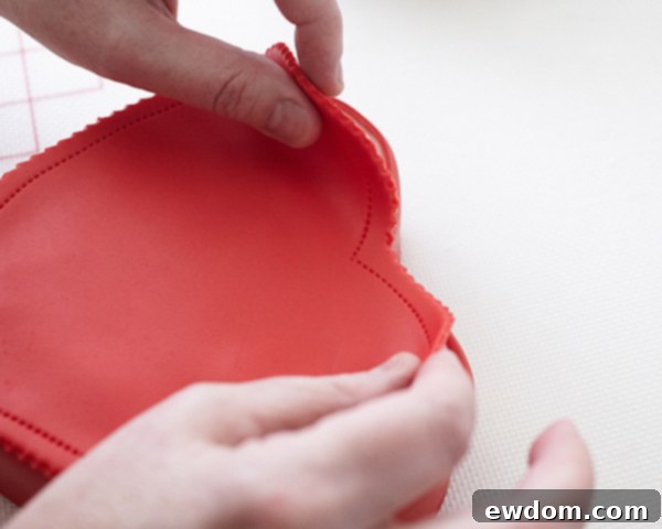 Valentines Candy Heart Surprise Cake 29 Placing the decorative red fondant heart onto the cake lid, creating an overhang