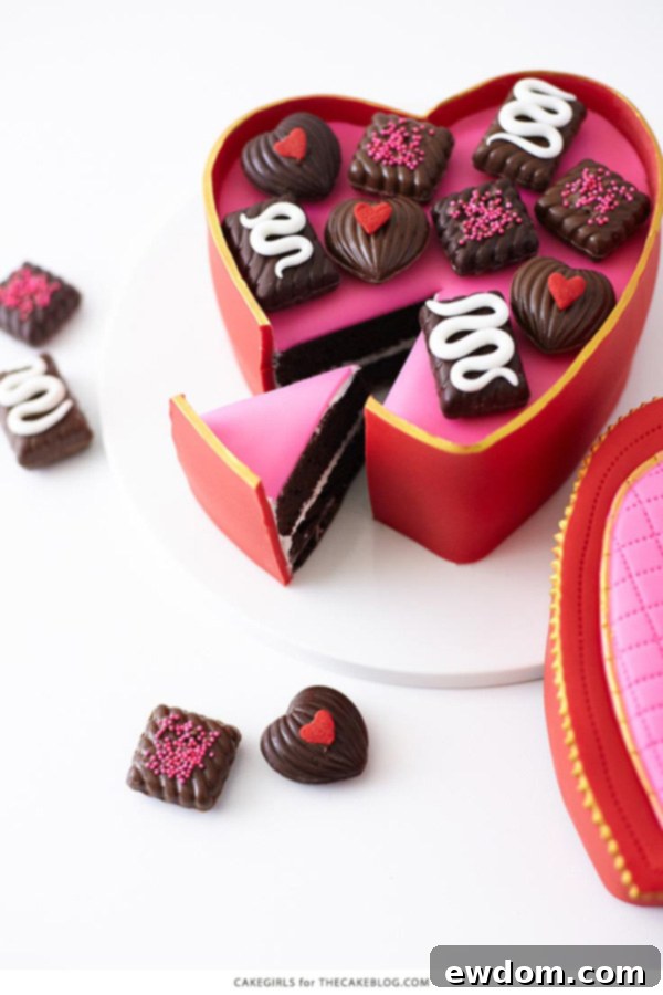 Valentines Candy Heart Surprise Cake 3 Close-up of the realistic Valentine's chocolate box cake with fondant details