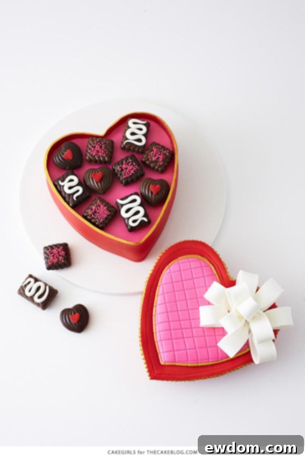 Valentines Candy Heart Surprise Cake 4 Side view of the Valentine's cake, showcasing the separated lid and box design