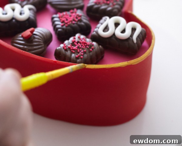 Valentines Candy Heart Surprise Cake 42 Applying edible gold paint to the outer edge of the red fondant cake lid